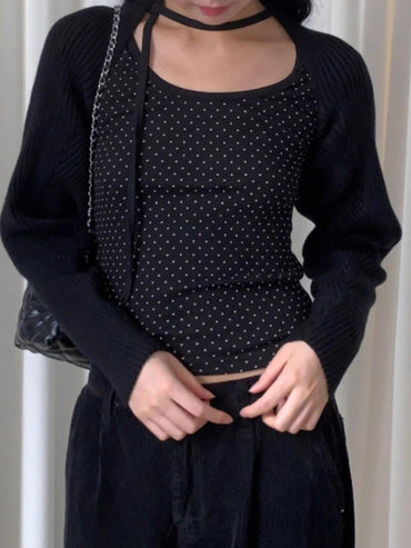 Polka Dot Lace-Up Crew Neck Long-Sleeve T-Shirt TK0384