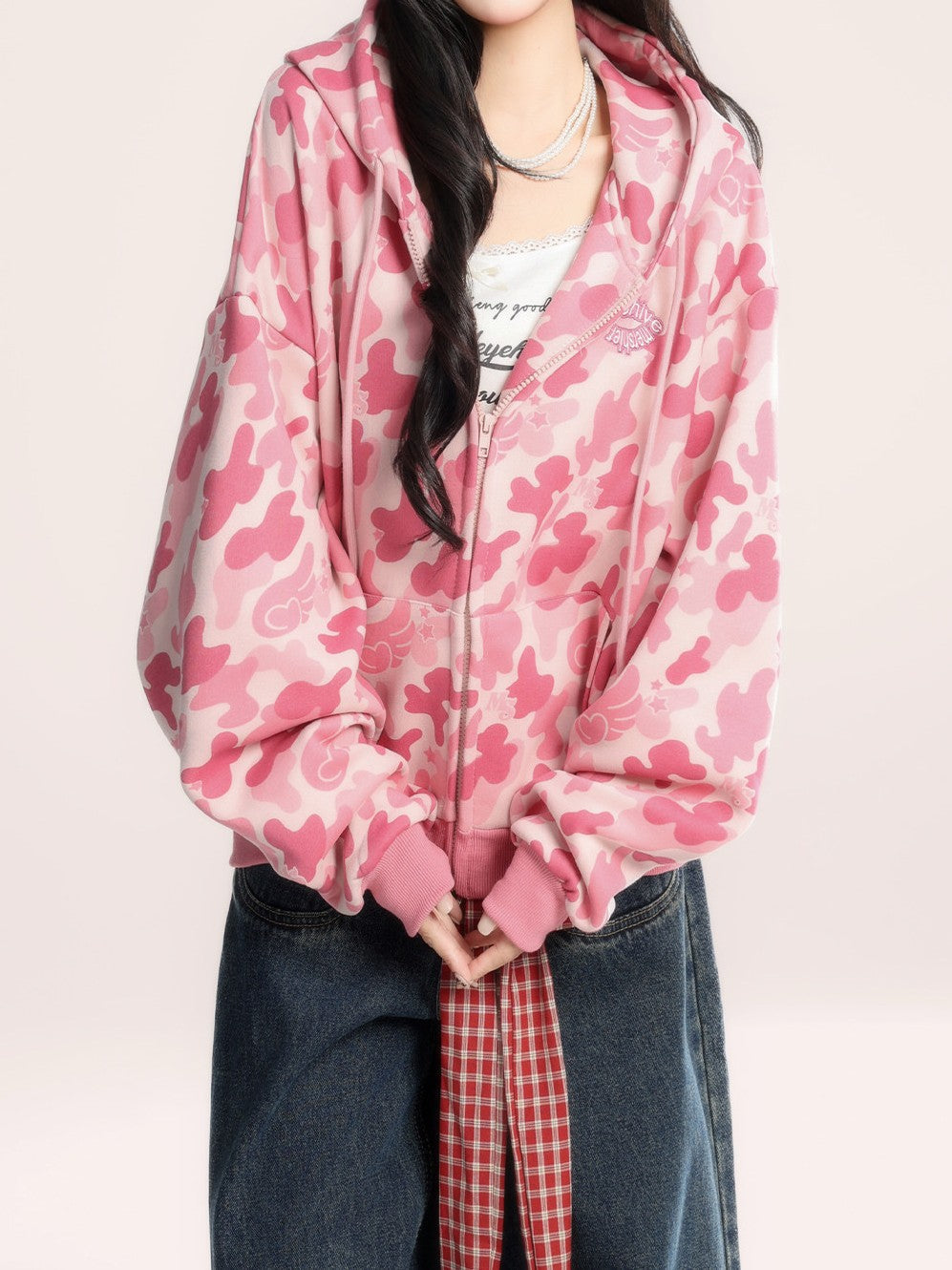 Pink camouflage zip-up hoodie TK0401