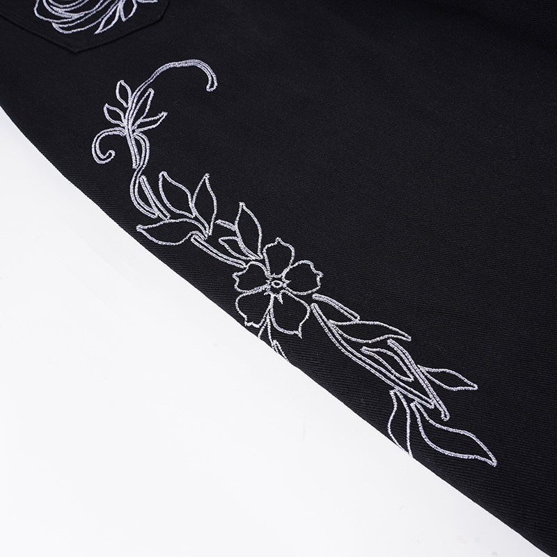 Flower design curved denim pants TK0405