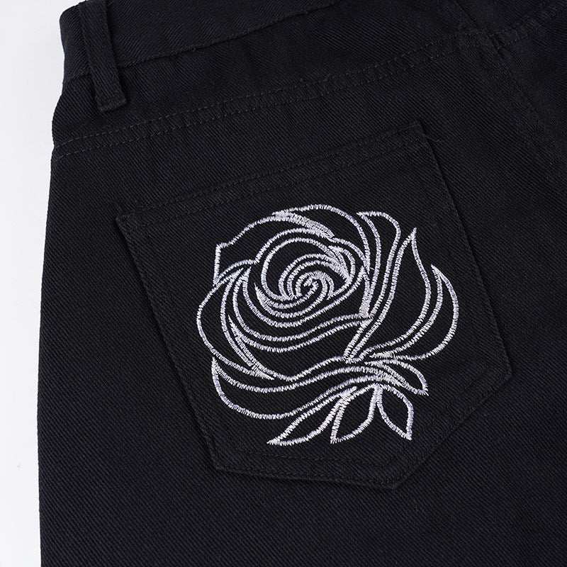 Flower design curved denim pants TK0405