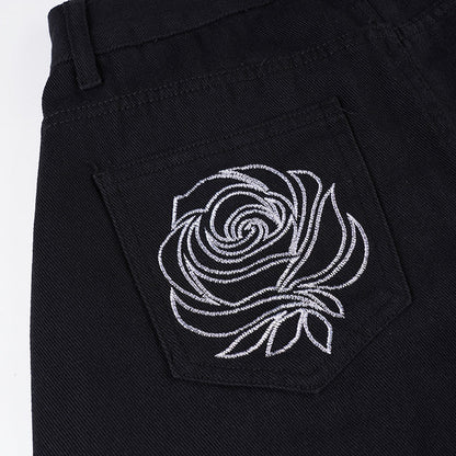 Flower design curved denim pants TK0405