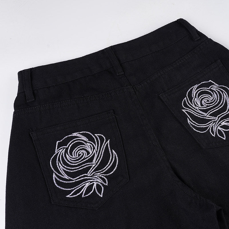 Flower design curved denim pants TK0405