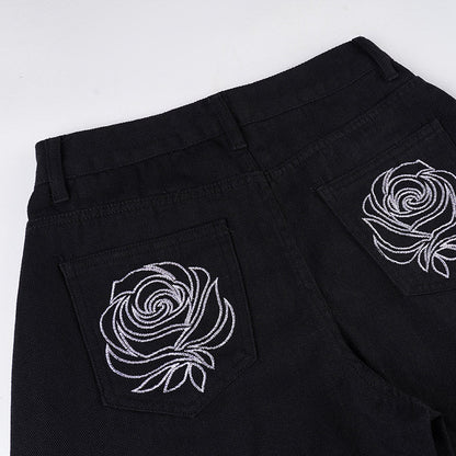 Flower design curved denim pants TK0405