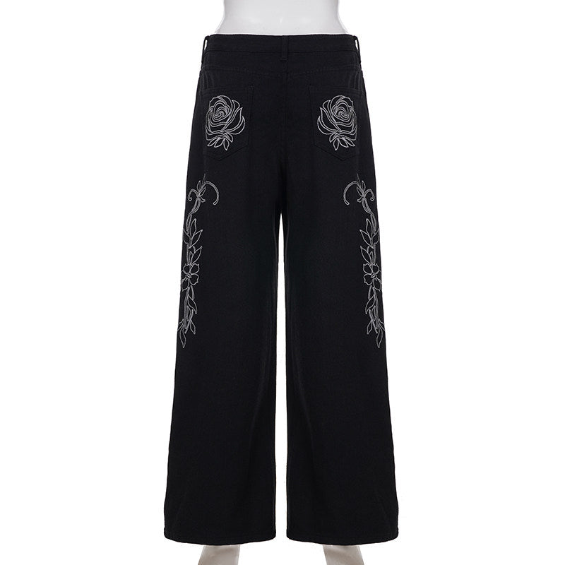 Flower design curved denim pants TK0405