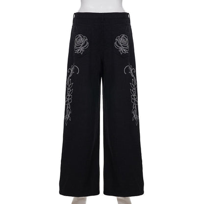 Flower design curved denim pants TK0405