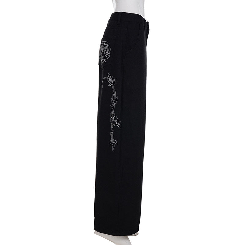 Flower design curved denim pants TK0405