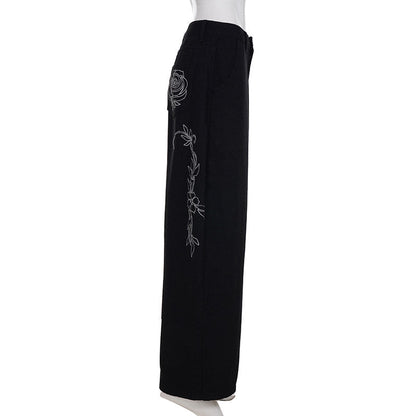 Flower design curved denim pants TK0405