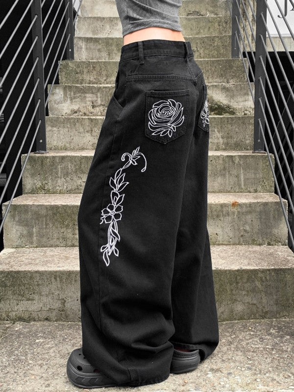 Flower design curved denim pants TK0405