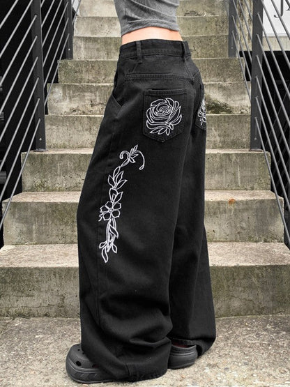 Flower design curved denim pants TK0405