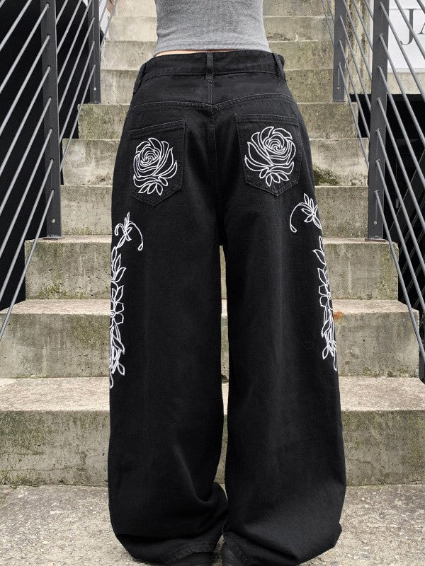 Flower design curved denim pants TK0405