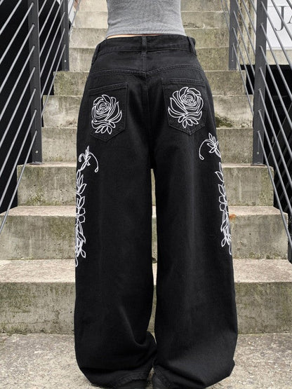 Flower design curved denim pants TK0405