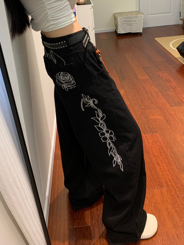 Flower design curved denim pants TK0405