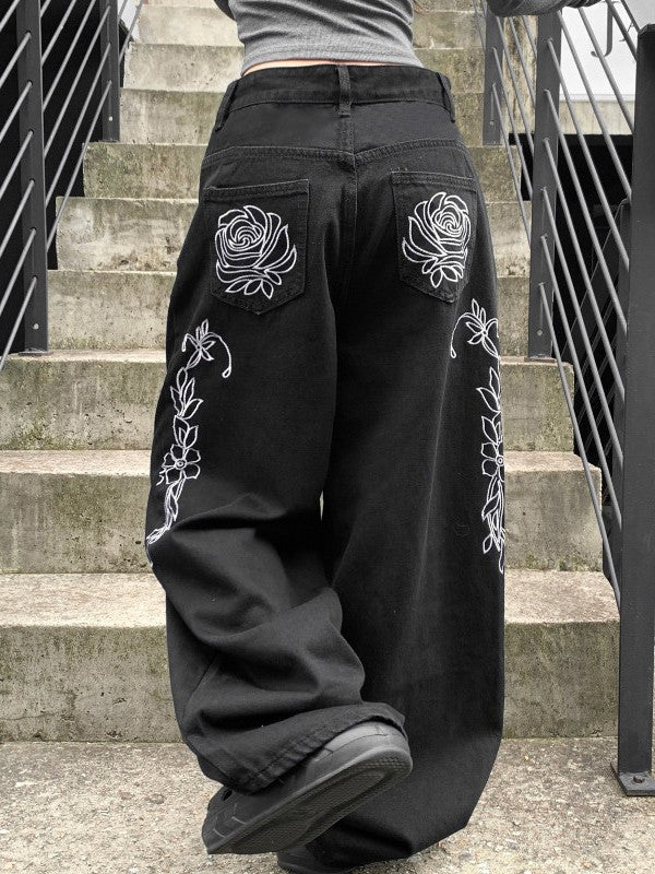Flower design curved denim pants TK0405