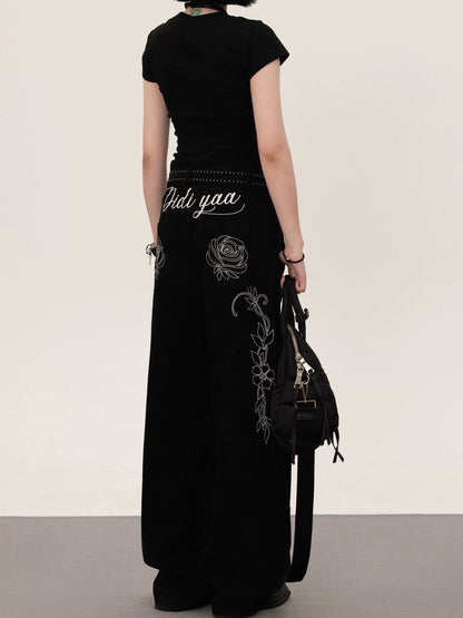 Flower design curved denim pants TK0405