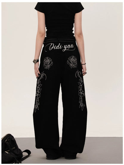 Flower design curved denim pants TK0405