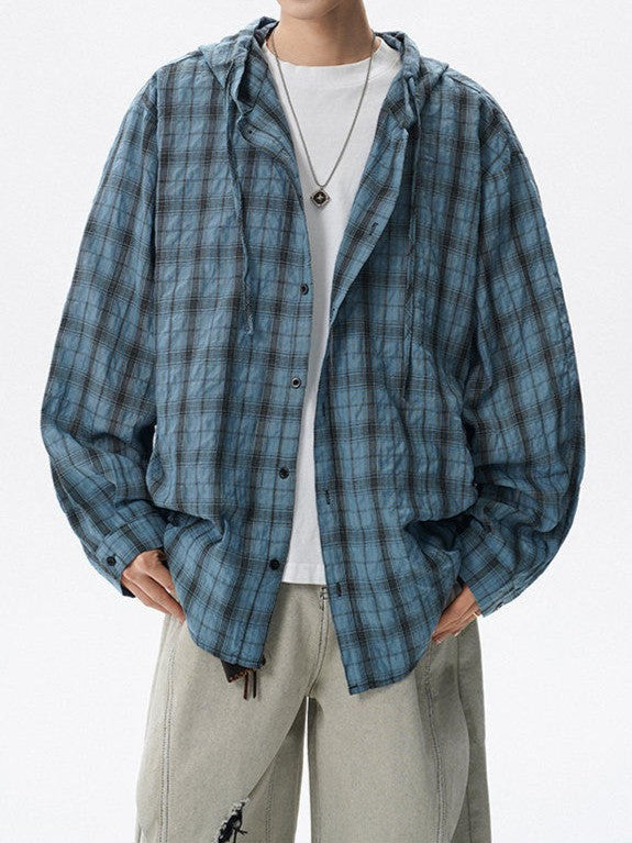 UV-cut check hooded shirt TK0409