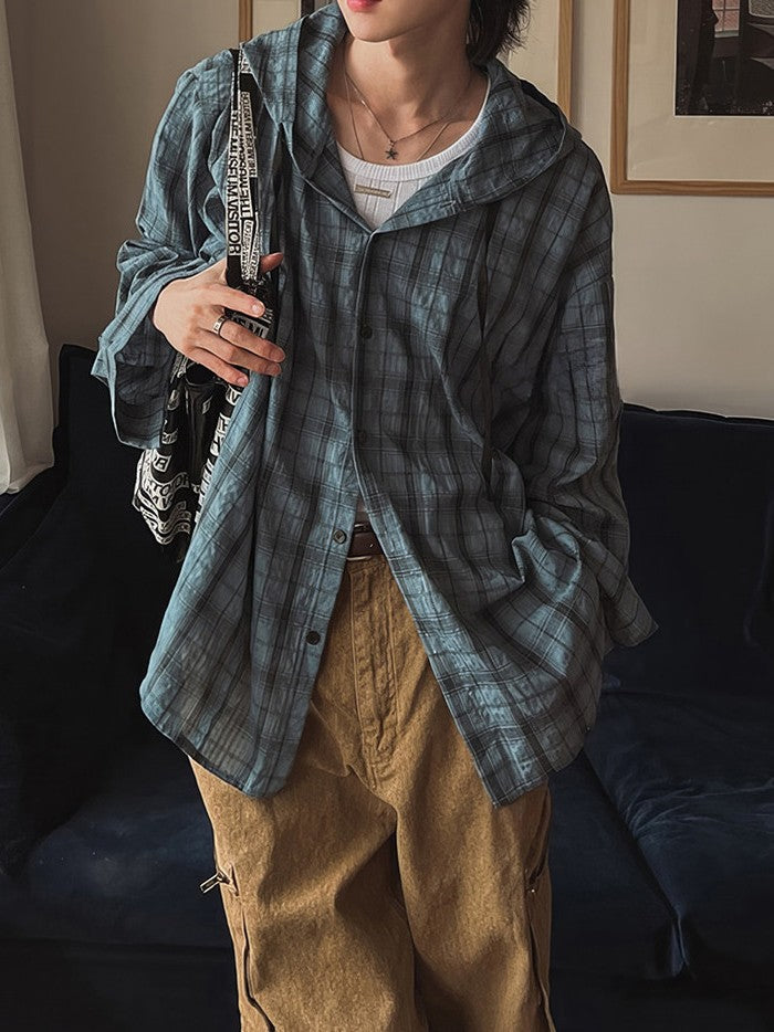 UV-cut check hooded shirt TK0409