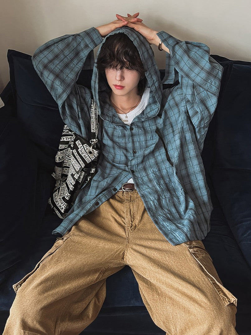 UV-cut check hooded shirt TK0409