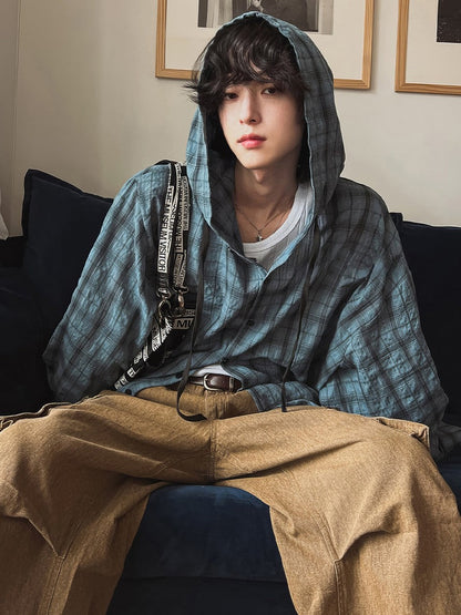 UV-cut check hooded shirt TK0409
