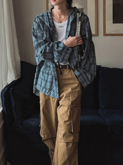 UV-cut check hooded shirt TK0409