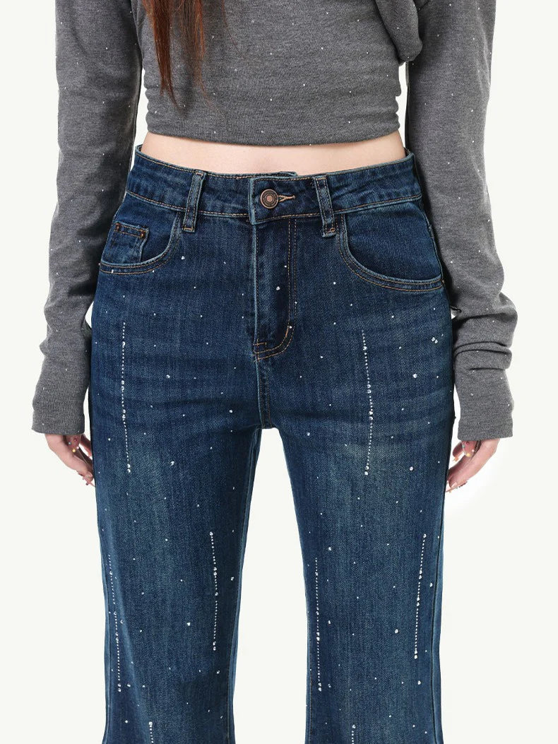 High-Waisted Rhinestone Flare Jeans TK0443
