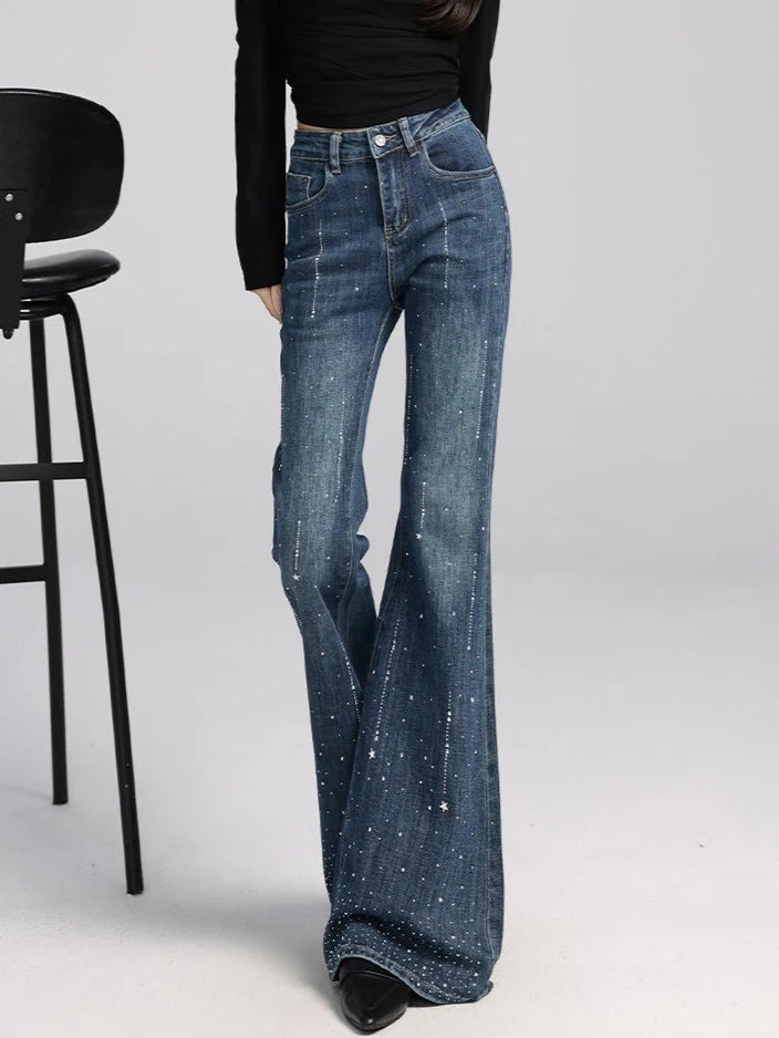 High-Waisted Rhinestone Flare Jeans TK0443
