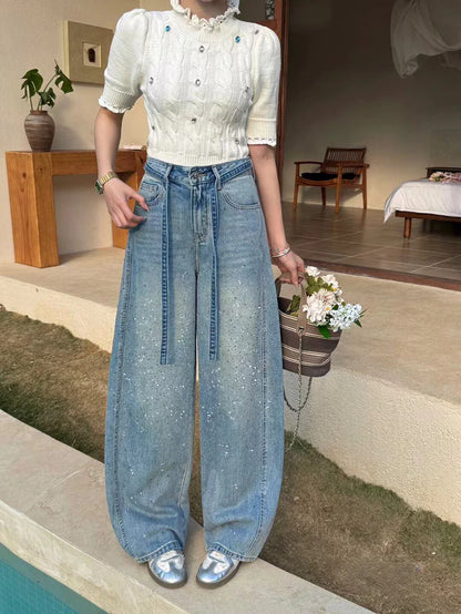 Rhinestone Barrel-Leg Jeans TK0469