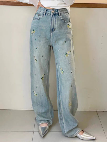 Floral Embroidered Relaxed Wide-Leg Jeans TK0514