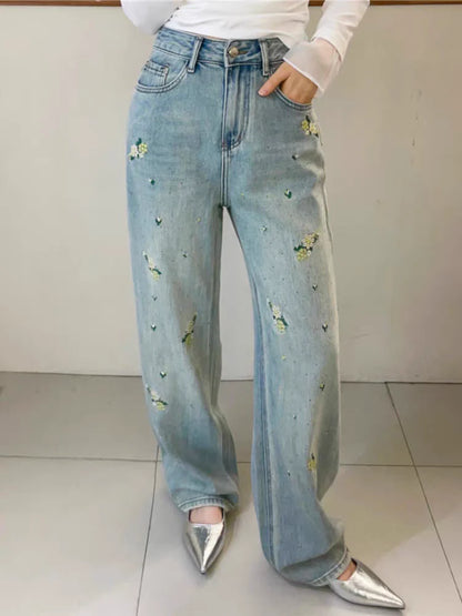 Floral Embroidered Relaxed Wide-Leg Jeans TK0514