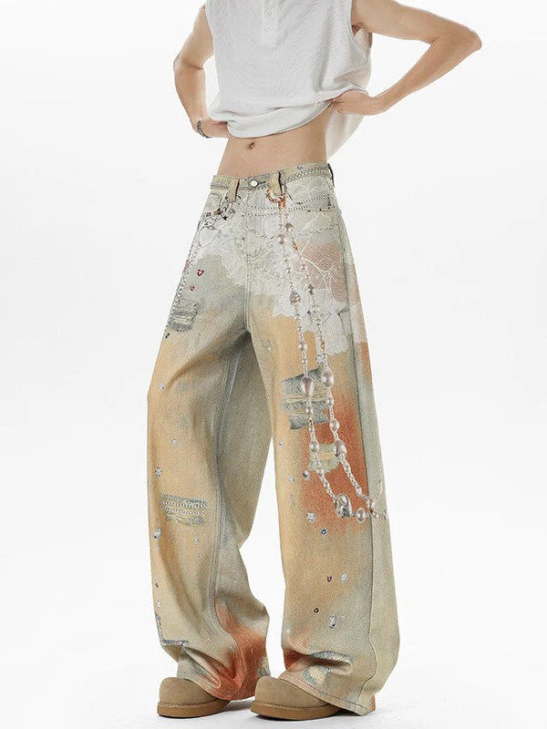 Chain Print Wide Leg Jeans TK0515