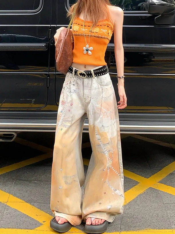Chain Print Wide Leg Jeans TK0515