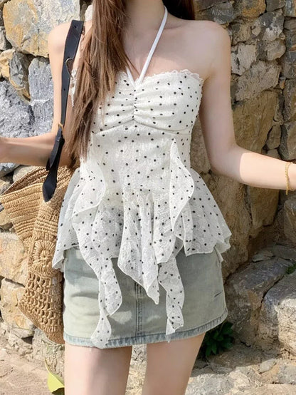 Polka Dot Lace Ruffle Tube Top TK0523