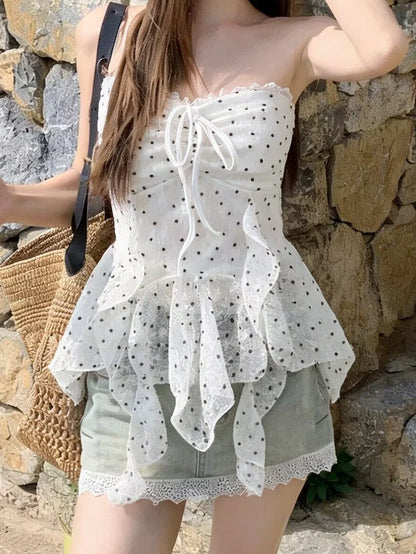 Polka Dot Lace Ruffle Tube Top TK0523