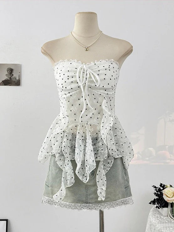 Polka Dot Lace Ruffle Tube Top TK0523