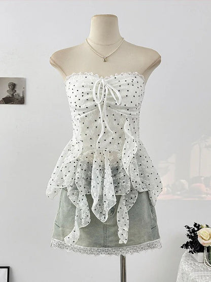 Polka Dot Lace Ruffle Tube Top TK0523