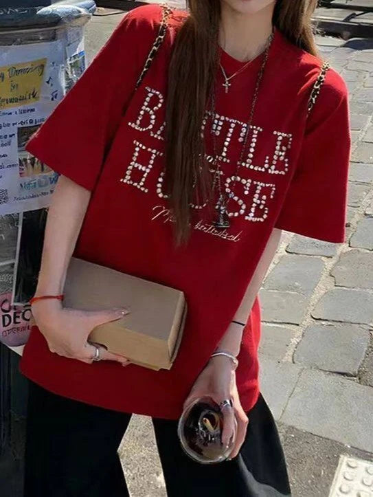 Red Pearl Embellished Logo T-Shirt TK0534