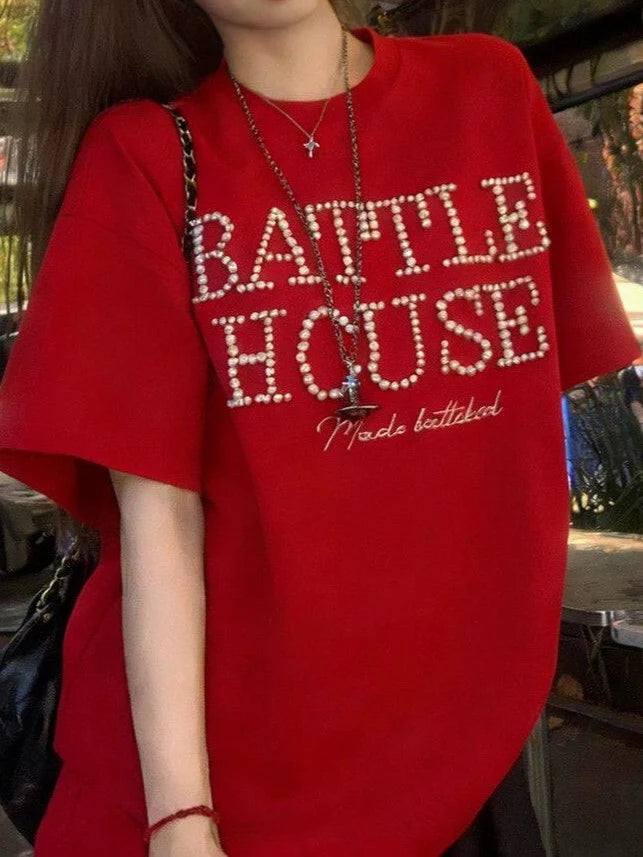 Red Pearl Embellished Logo T-Shirt TK0534