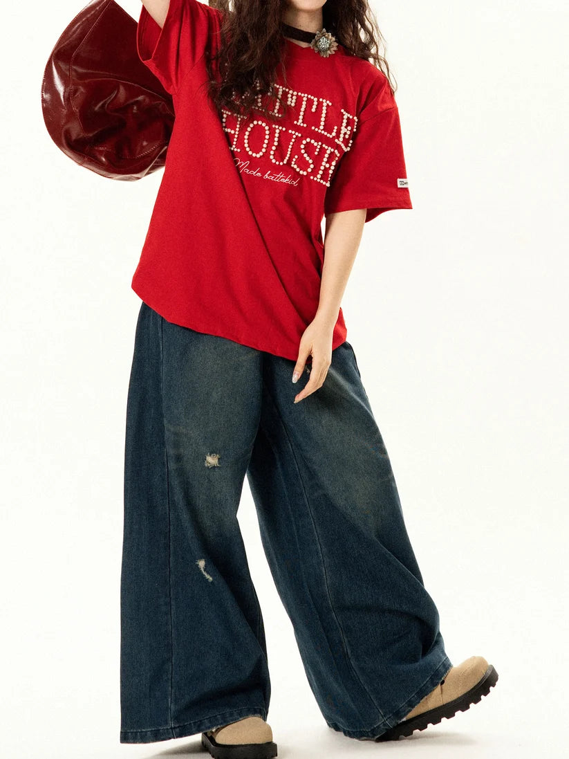 Red Pearl Embellished Logo T-Shirt TK0534