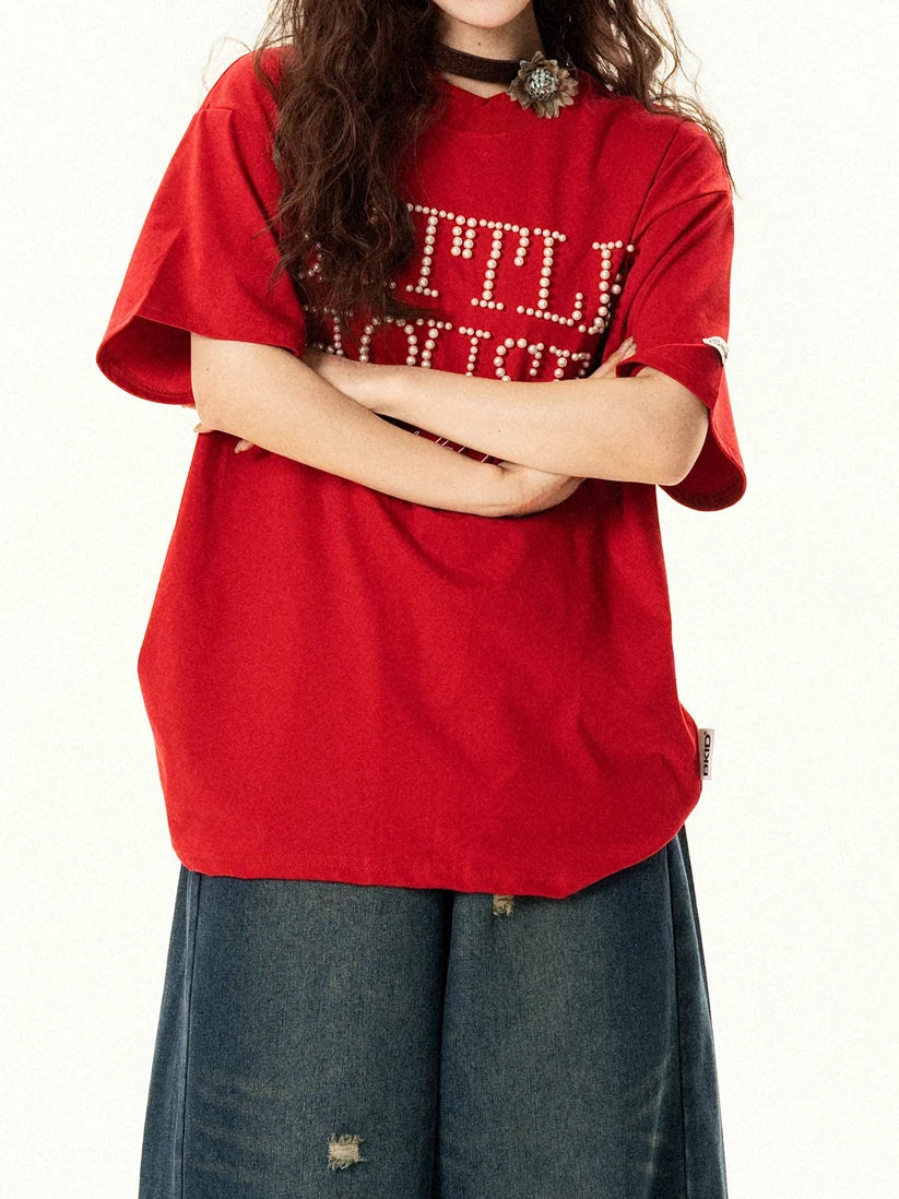Red Pearl Embellished Logo T-Shirt TK0534