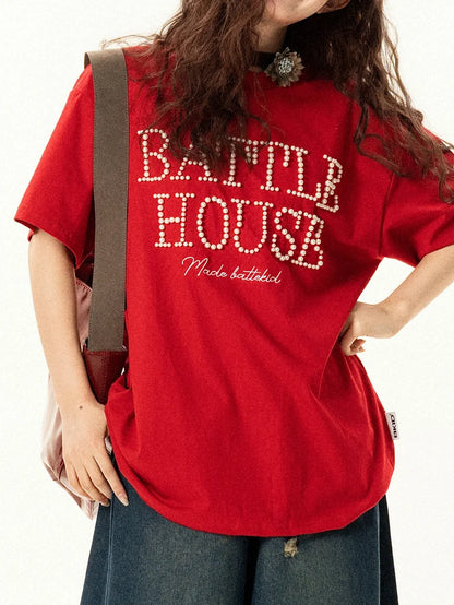 Red Pearl Embellished Logo T-Shirt TK0534