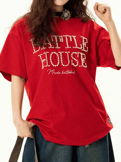 Red Pearl Embellished Logo T-Shirt TK0534